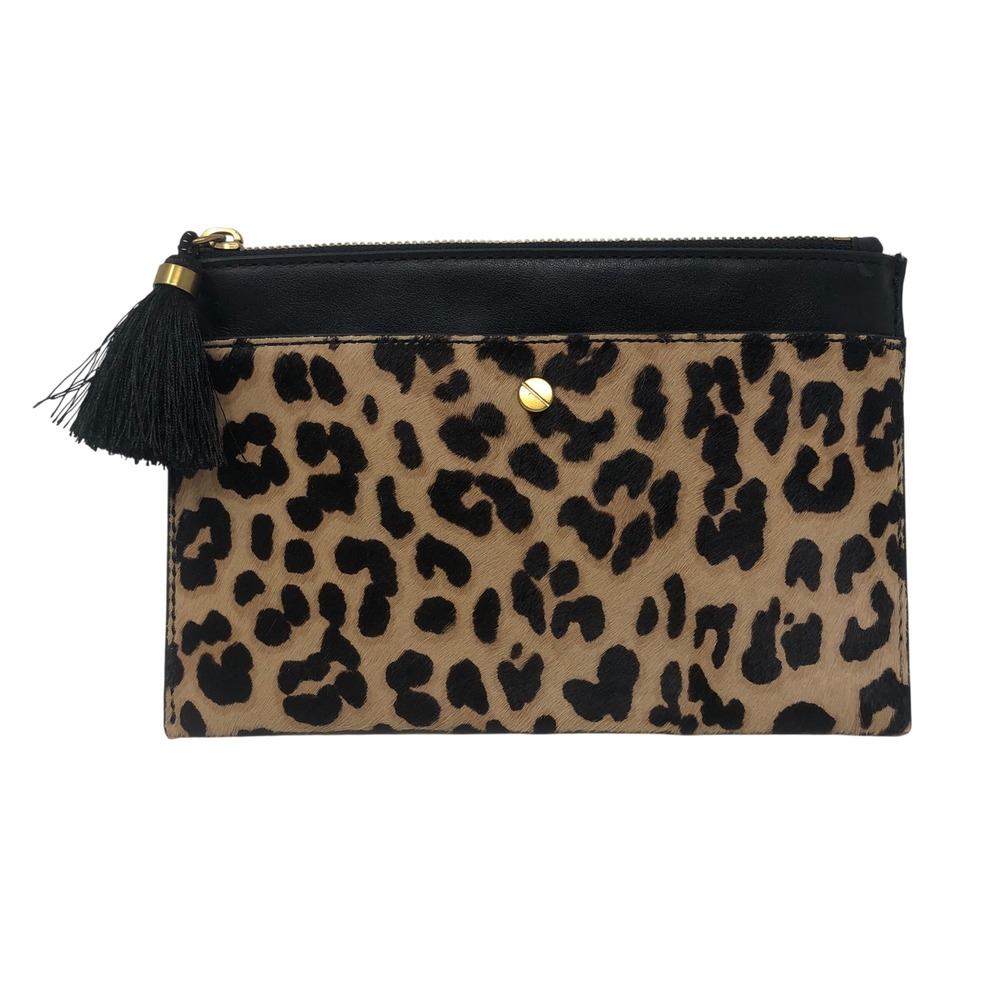J.Crew Clutch Brown Leopard Calf Hair Leather Tassel Pouch Evening Bag